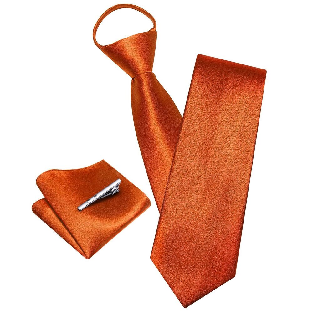 2312 Solid Color Pre-tied Ties Zipper Necktie and Pocket Square Tie Clip